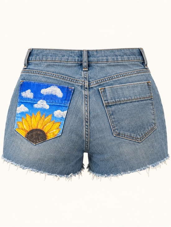 Old Navy Denim - OOAK Hand Painted Sunflower Pocket Denim Cutoff Shorts Women’s 8